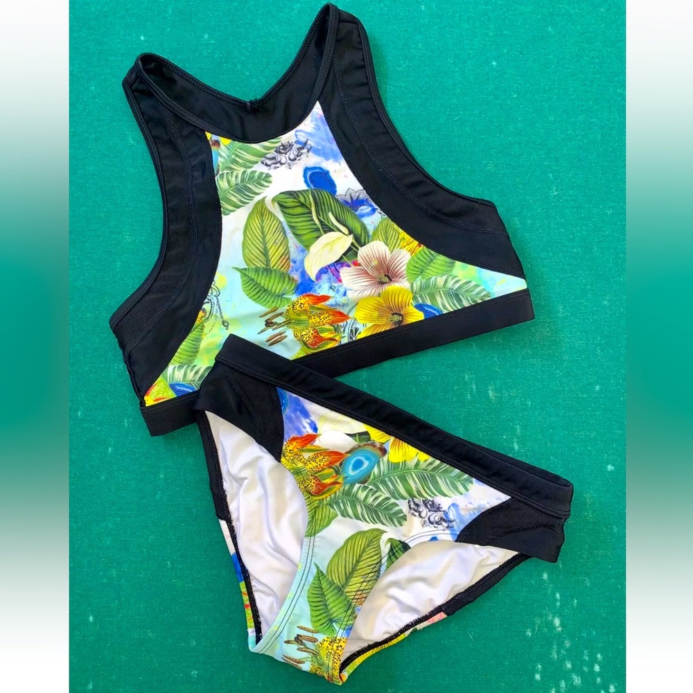 2pc Athleta S/XXS‎ Swimsuit Bikini High Neck Racerback Tropical Black HTF EXC!